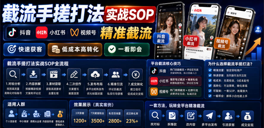 截流手搓打法实战SOP，抖音小红书视频号精准截流，快速获客，低成本高转化，一看即会-云创网