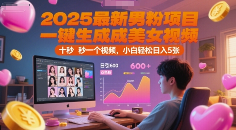 2025最新男粉项目，一键生成美女视频，日引600+色粉 十秒一个视频，小白轻松日入5张【揭秘】-云创网