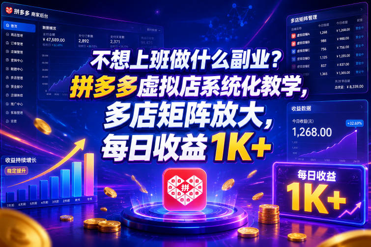 不想上班做什么副业？拼多多虚拟店系统化教学，多店矩阵放大，每日收益1K+【揭秘】-云创网