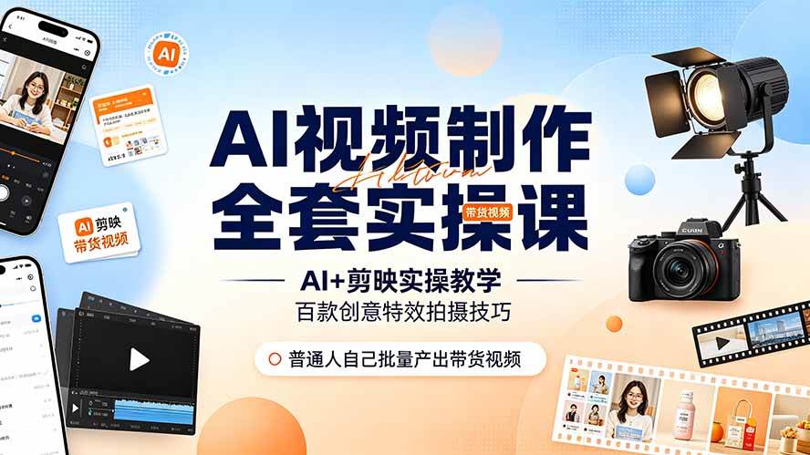 （19200期）AI视频制作全套实操课，多款AI工具搭配剪映教学，百种特效运镜拍摄实操，抖音账号带货运营全覆盖-云创网
