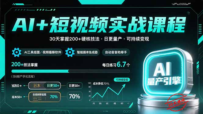 AI+短视频实战课程：30天掌握200+硬核技法，实现日更量产可持续变现-云创网