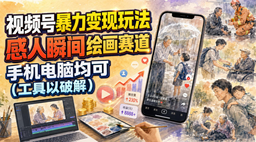 视频号暴力变现玩法，感人瞬间绘画赛道，手机电脑均可-云创网