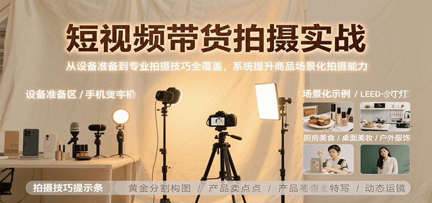 短视频带货拍摄实战，从设备准备到专业拍摄技巧全覆盖，系统提升商品场景化拍摄能力-云创网