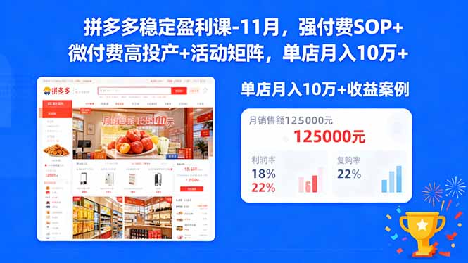 拼多多稳定盈利课-11月，强付费SOP+微付费高投产+活动矩阵，单店月入10w+-云创网