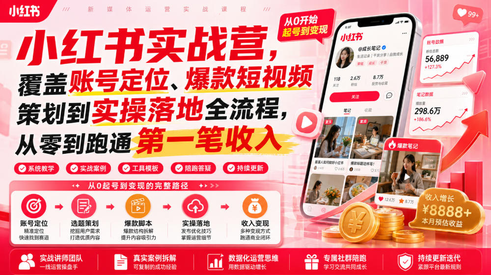 小红书实战营，覆盖账号定位、爆款短视频策划到实操落地全流程，从零到跑通第一笔收入-云创网