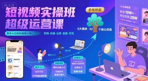 短视频实操班超级运营课，新手小白到短视频大神必修课程，剪辑-拍摄-运营-直播-变现-云创网