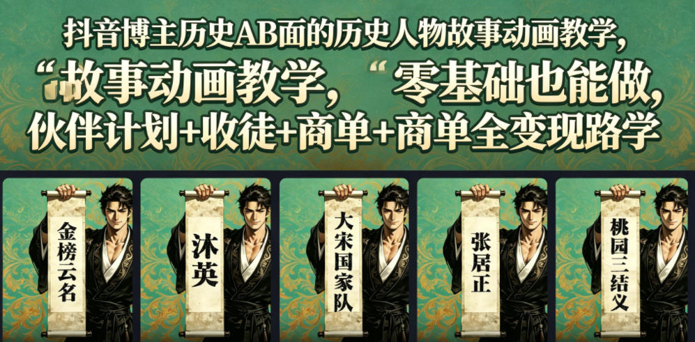 抖音博主历史AB面的历史人物故事动画教学，零基础也能做，伙伴计划+收徒+商单全变现路径教学-云创网