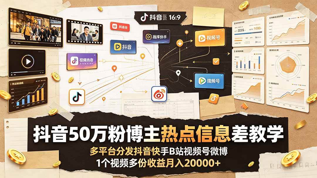 （19145期）抖音50万粉博主热点信息差教学：多平台分发抖音快手B站视频号微博，1个视频多份收益月入20000+-云创网