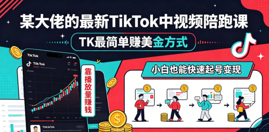 某大佬的最新TikTok中视频陪跑课，TK最简单賺美金方式，靠播放量賺钱，小白也能快速起号变现-云创网