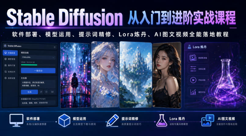 Stable Diffusion从入门到进阶实战课程｜软件部署、模型运用、提示词精修、Lora炼丹、AI图文视频全能落地教程-云创网