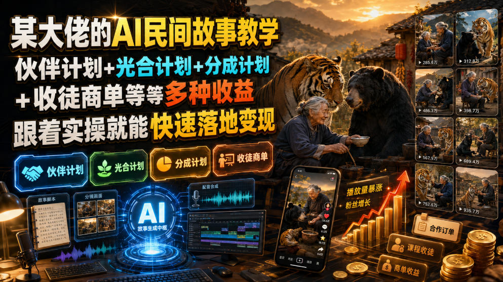 某大佬的AI民间故事教学，伙伴计划+光合计划+分成计划+收徒商单等多种收益，跟着实操就能快速落地变现-云创网