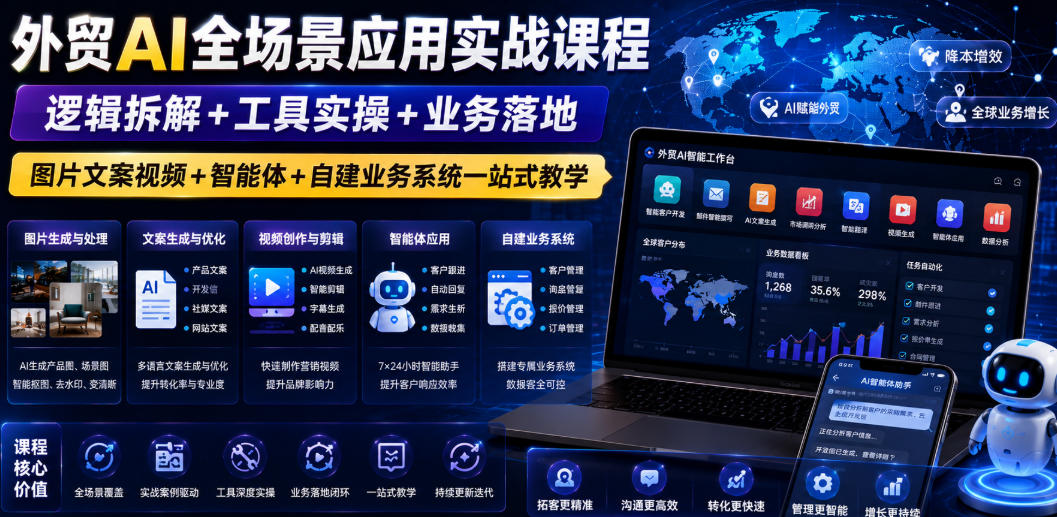 外贸AI全场景应用实战课程｜逻辑拆解+工具实操+业务落地，图片文案视频+智能体+自建业务系统一站式教学-云创网