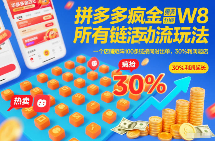 拼多多疯狂活动流玩法，所有链接全部打标，一个店铺矩阵100条链接同时出单，30%利润起店-云创网