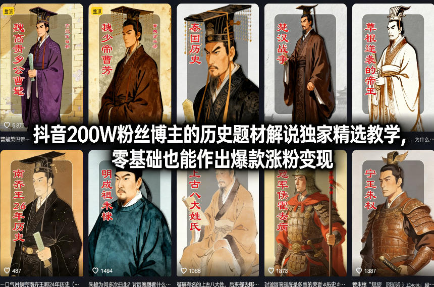 抖音200W粉丝博主的历史题材解说独家精选教学，零基础也能作出爆款涨粉变现-云创网