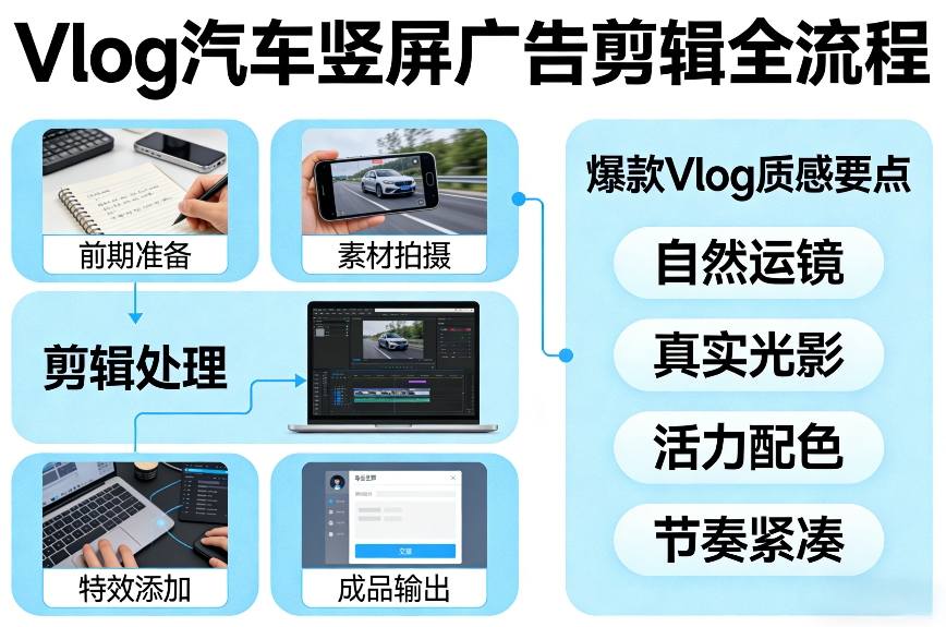 Vlog感觉汽车竖屏广告剪辑脚本全流程，拿捏爆款Vlog质感-云创网