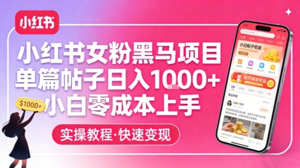 小红书女粉黑马项目，单篇帖子日入1k+，小白零成本上手-云创网