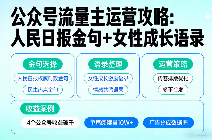 利用人民日报金句+女性成长语录做公众号流量主，4个公众号收益破千-云创网