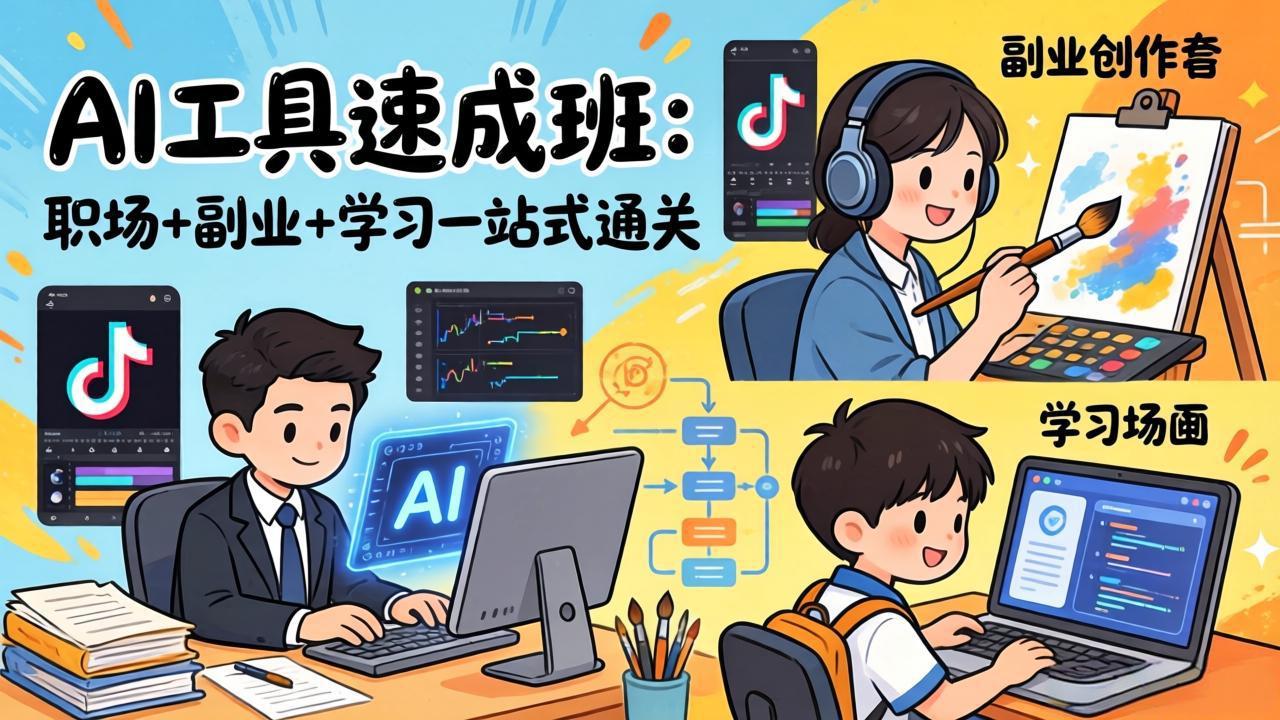AI工具速成班：职场+副业+学习一站式通关，20+爆款类型+剪映技巧+抖音算法，0基础快速上手-云创网
