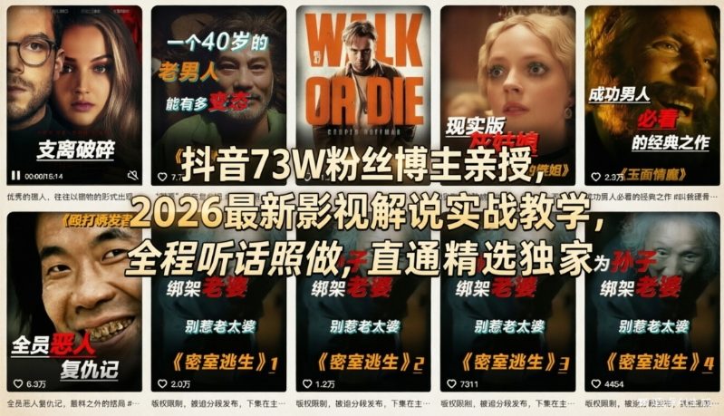 抖音73W粉丝博主亲授，2026最新影视解说实战教学，全程听话照做，直通精选独家-云创网