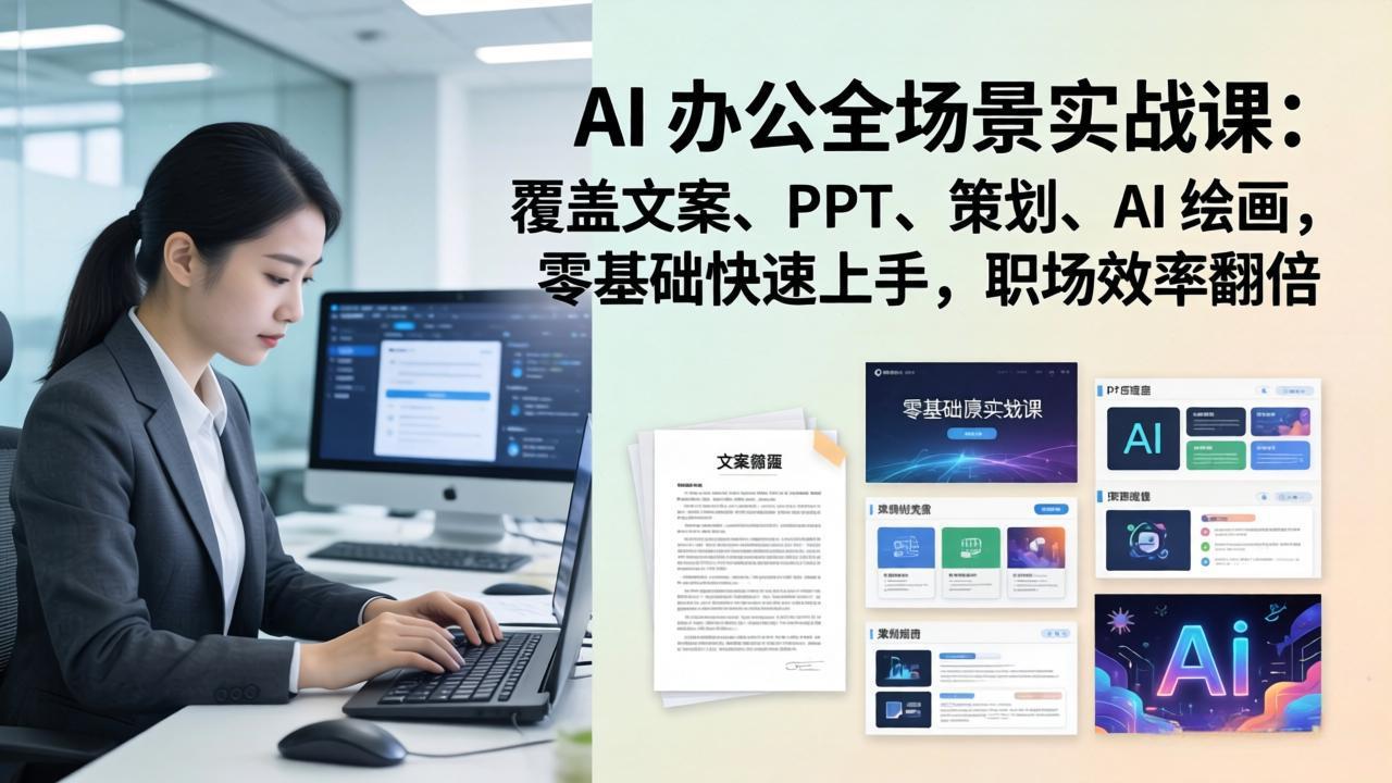 AI 办公全场景实战课：覆盖文案、PPT、策划、AI 绘画，零基础快速上手，职场效率翻倍-云创网