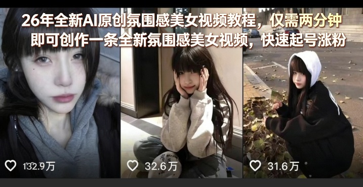 26年全新AI原创氛围感美女视频教程，仅需两分钟即可创作一条全新氛围感美女视频，快速起号涨粉-云创网