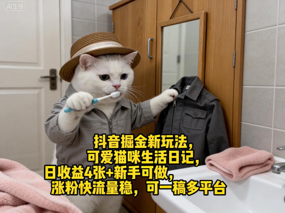抖音掘金新玩法，可爱猫咪生活日记，日收益4张+新手可做，涨粉快流量稳，可一稿多平台-云创网