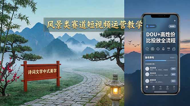 风景类赛道短视频运营教学：诗词文学中式美学，新号养号对标账号定位，DOU+高性价比投放全流程-云创网