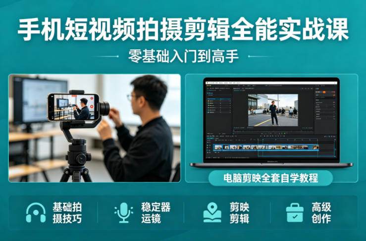 手机短视频拍摄剪辑全能实战课：零基础入门到高手，稳定器运镜+电脑剪映全套自学教程-云创网