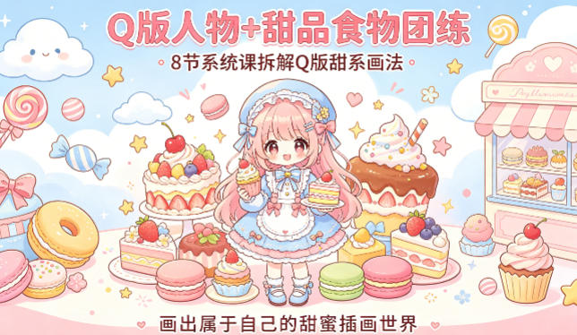 Q版人物+甜品食物团练，8节系统课拆解Q版甜系画法，画出属于自己的甜蜜插画世界-云创网
