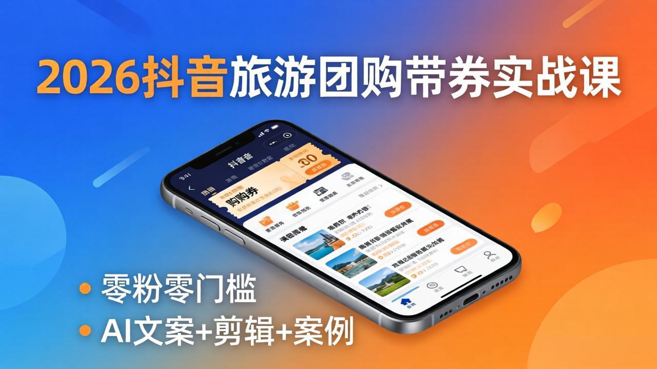 2026抖音旅游团购带券实战课：零粉零门槛，AI文案+剪辑+案例，躺着赚门票佣金-云创网