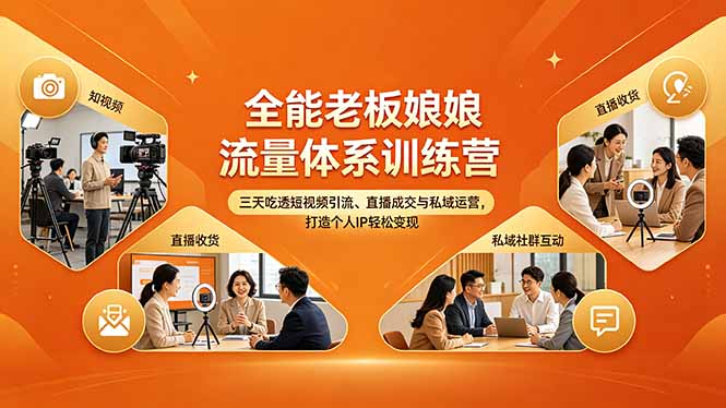 全能老板娘流量体系训练营，三天吃透短视频引流、直播成交与私域运营，打造个人IP轻松变现-云创网