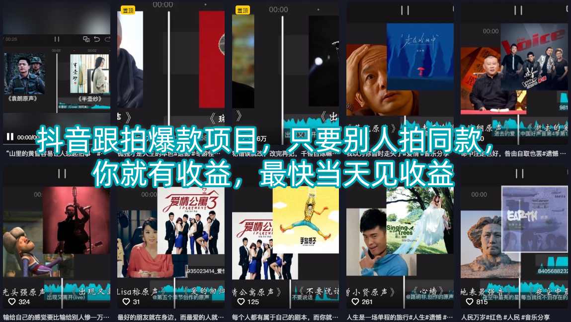 抖音跟拍爆款项目，只要别人拍同款，你就有收益，最快当天见收益-云创网