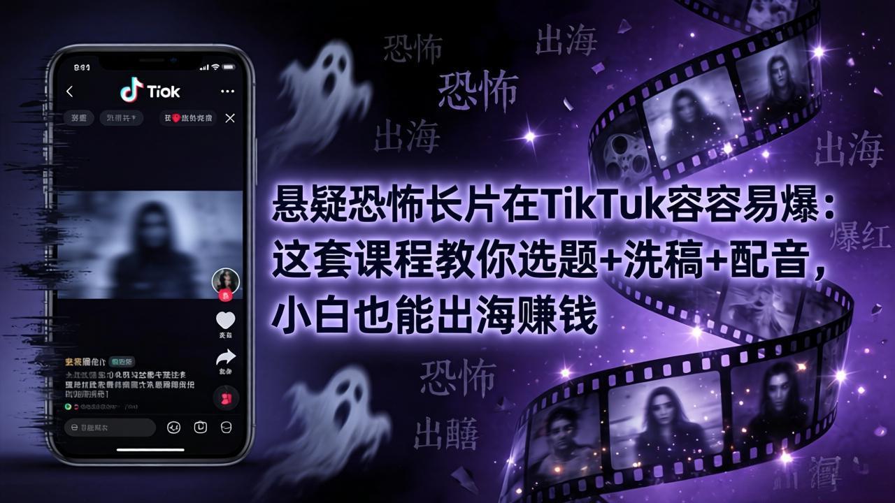 悬疑恐怖长片在TikTok最容易爆：这套课程教你选题+洗稿+配音，小白也能出海赚钱-云创网
