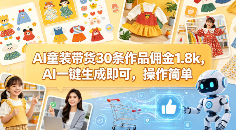 AI童装带货30条作品佣金1.8k，AI一键生成即可，操作简单-云创网