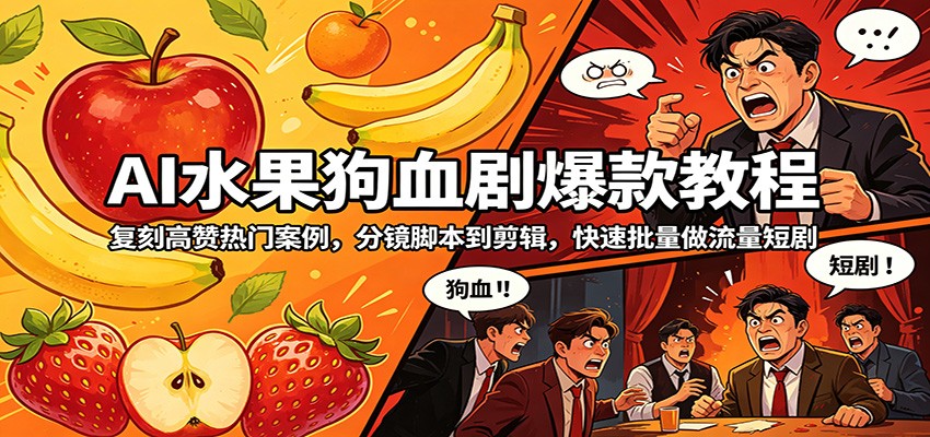 AI水果狗血剧爆款教程：复刻高赞热门案例，分镜脚本到剪辑，快速批量做流量短剧-云创网