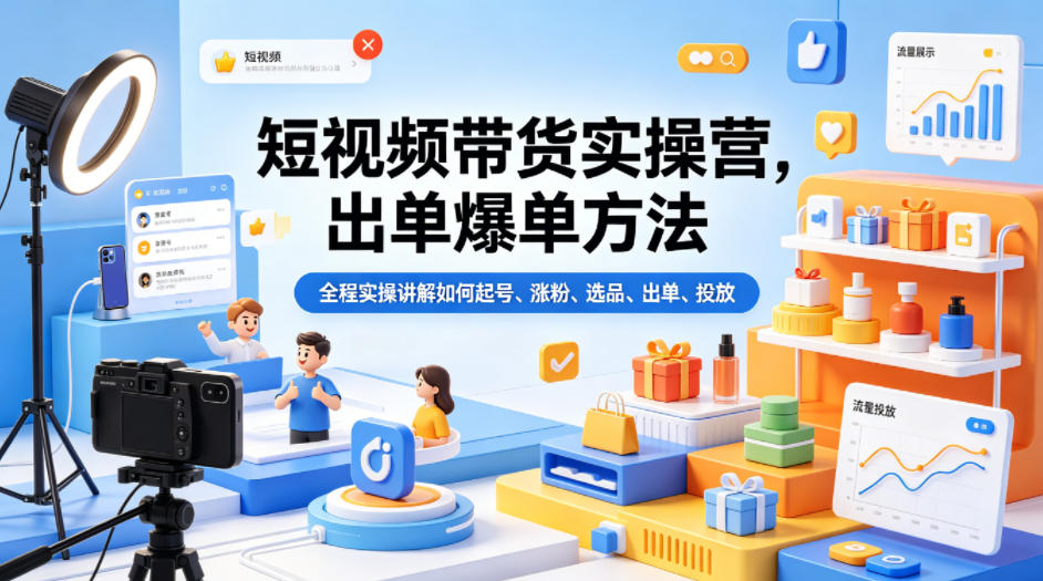 短视频带货实操营，出单爆单方法，全程实操讲解如何起号、涨粉、选品、出单、投放-云创网