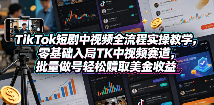 TikTok短剧中视频全流程实操教学，零基础入局TK中视频赛道，批量做号轻松賺取美金收益-云创网