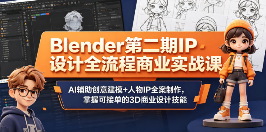 Blender第二期IP设计全流程商业实战课，AI辅助创意建模+人物IP全案制作，掌握可接单的3D商业设计技能-云创网