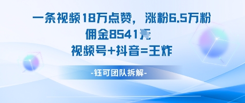 一条视频18W点赞，涨粉6.5W粉佣金8541米，视频号+抖音=王炸-云创网