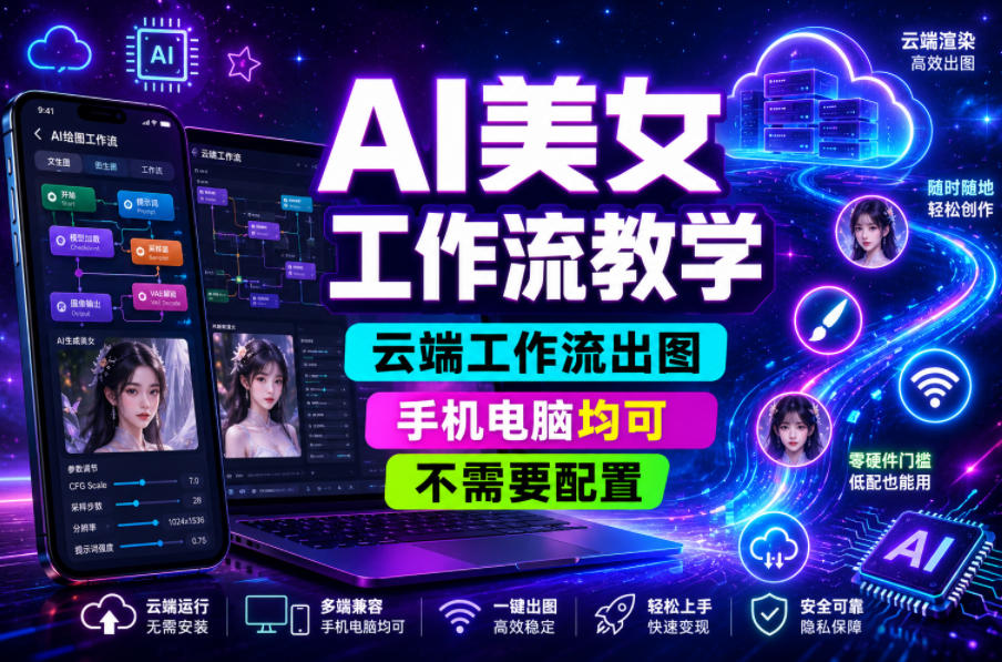 AI美女工作流教学，云端工作流出图，手机电脑均可，不需要配置，快速起号涨粉-云创网