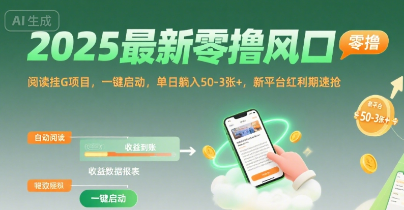 2025最新零撸风口，阅读挂G项目，一键启动，单日躺入 50-3张+，新平台红利期速抢【揭秘】-云创网