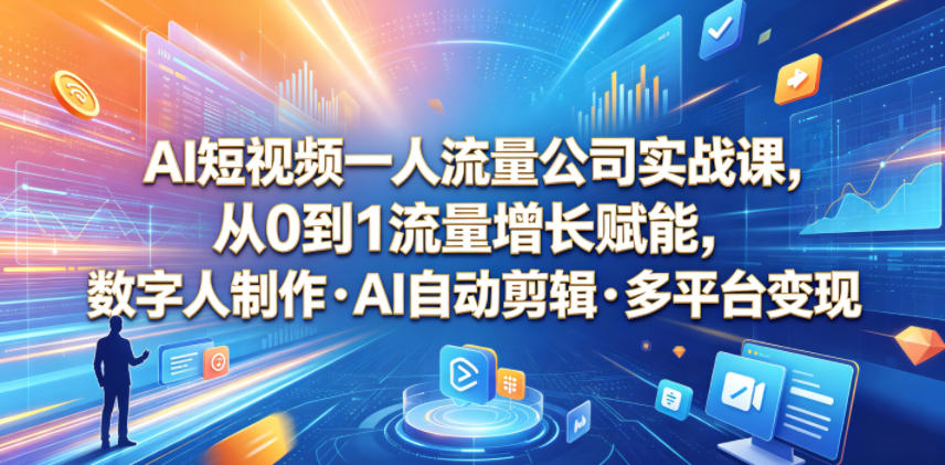 AI短视频一人流量公司实战课，从0到1流量增长赋能，数字人制作・AI自动剪辑・多平台变现，一人做流量生意全落地教程-云创网