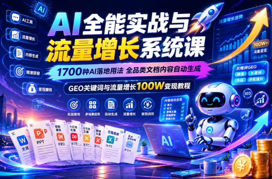 AI全能实战与流量增长系统课，1700种AI落地用法，全品类文档内容自动生成，GEO关键词与流量增长100W变现教程-云创网