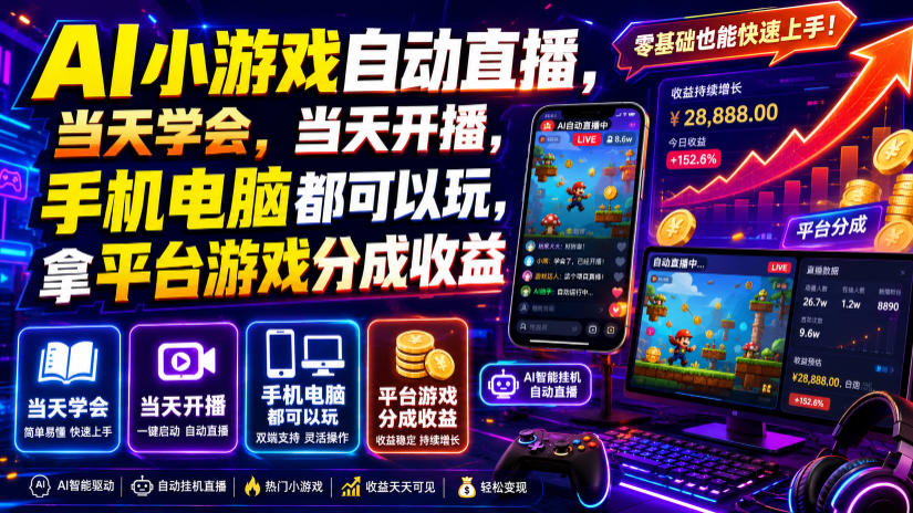 AI小游戏自动直播，当天学会，当天开播，手机电脑都可以玩，拿平台游戏分成收益-云创网