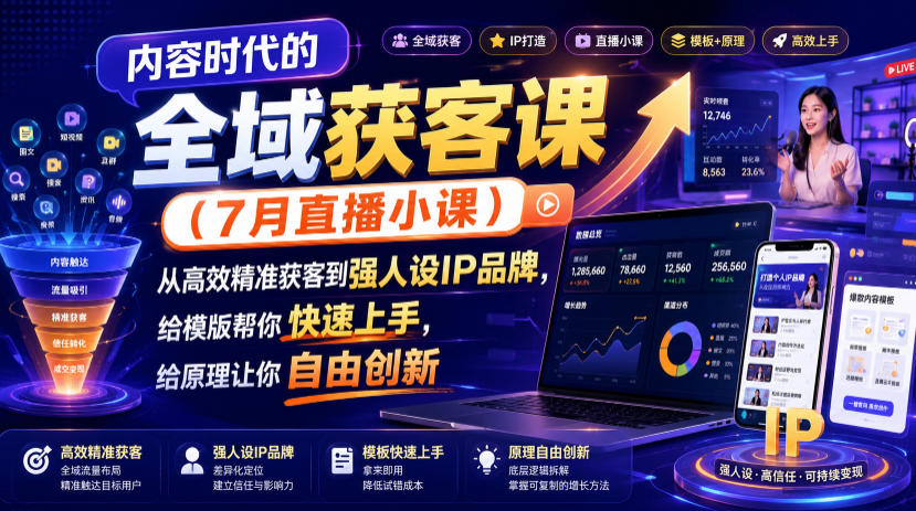 内容时代的全域获客课（7月直播小课），从高效精准获客到强人设IP品牌，给模版帮你快速上手，给原理让你自由创新-云创网