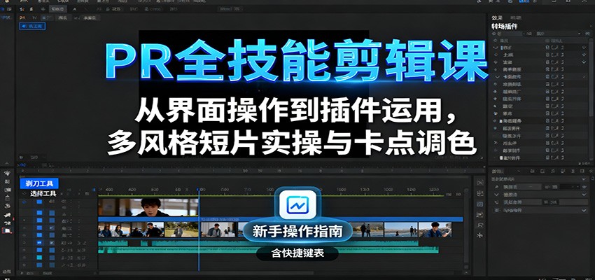 PR全技能剪辑课：从界面操作到插件运用，多风格短片实操与卡点调色-云创网