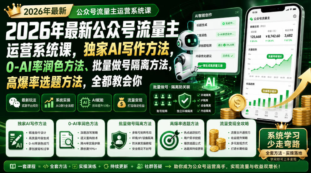 2026年最新公众号流量主运营系统课，独家AI写作方法，0-AI率润色方法、批量做号隔离方法、高爆率选题方法，全都教会你-云创网