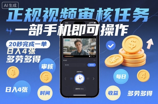 正规视频审核任务，一部手机即可操作，20秒完成一单，日入4张，多劳多得【揭秘】-云创网