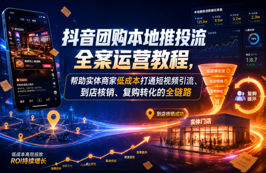 抖音团购本地推投流全案运营教程，帮助实体商家低成本打通短视频引流、到店核销、复购转化的全链路-云创网