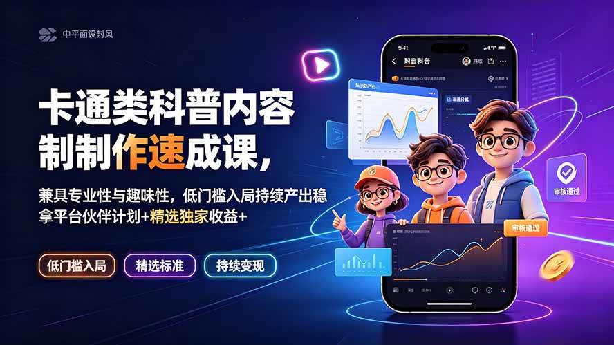 （19234期）卡通类科普内容制作速成课，兼具专业性与趣味性，低门槛入局持续产出稳拿平台伙伴计划+精选独家收益-云创网